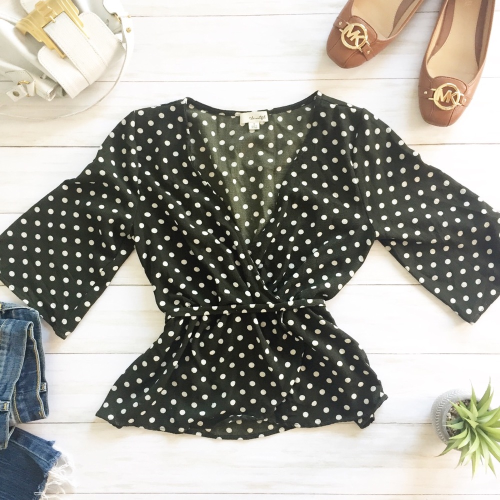 3/$25 The Outfit Polka Dot Peplum Wrap Shirt - S